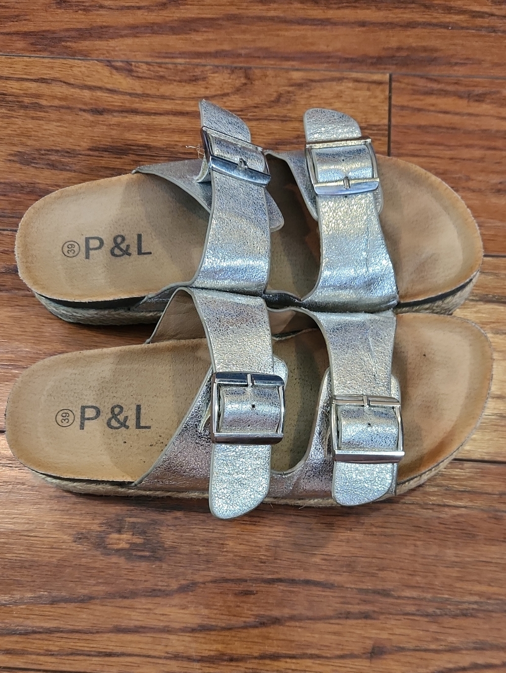 P & L Silver Metallic Double Buckle Platform Slip On Sandals - Picture 2 of 7